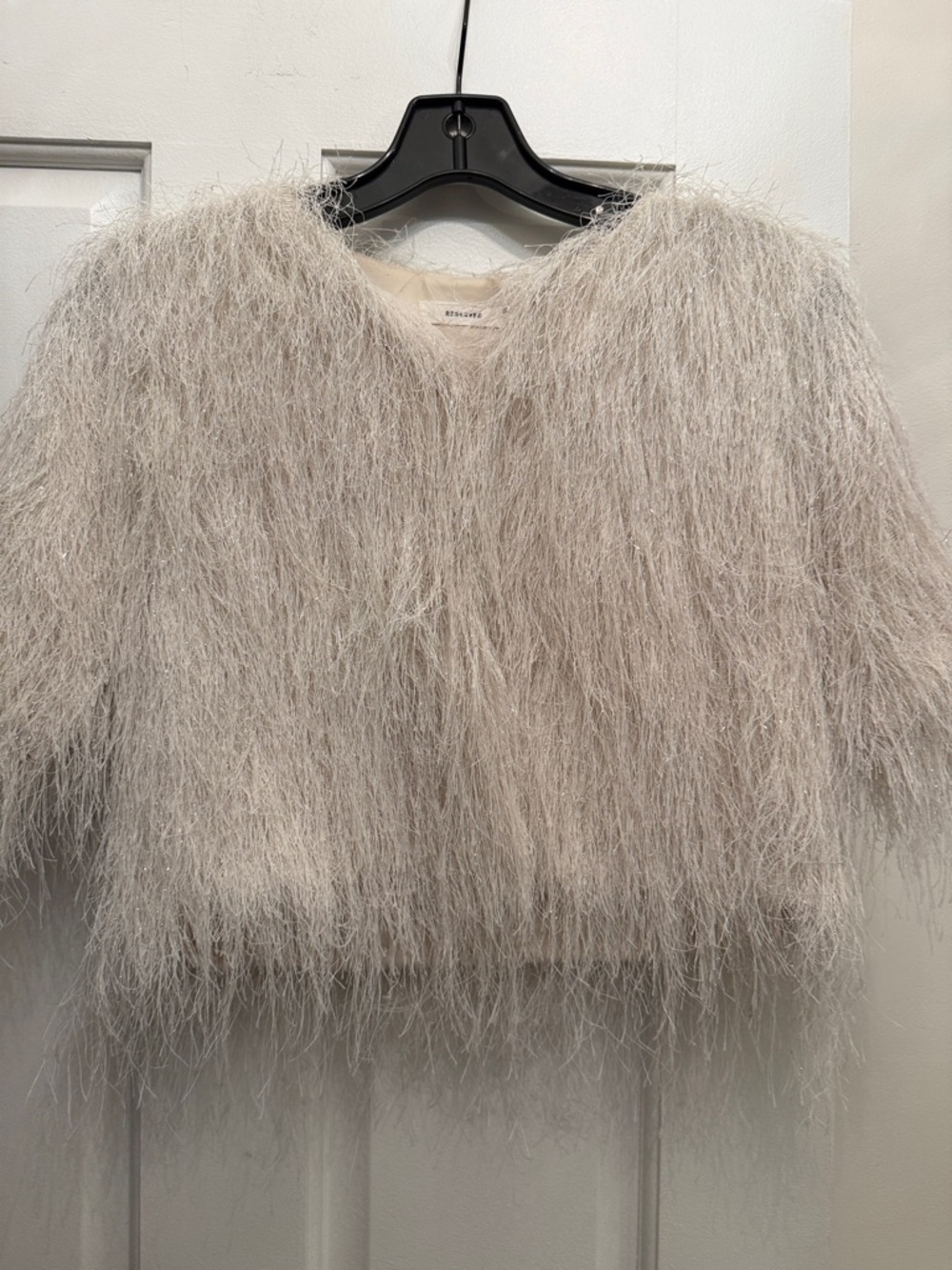 Reserved Feathered Open-Front Cardigan in Light Cream and Silver
